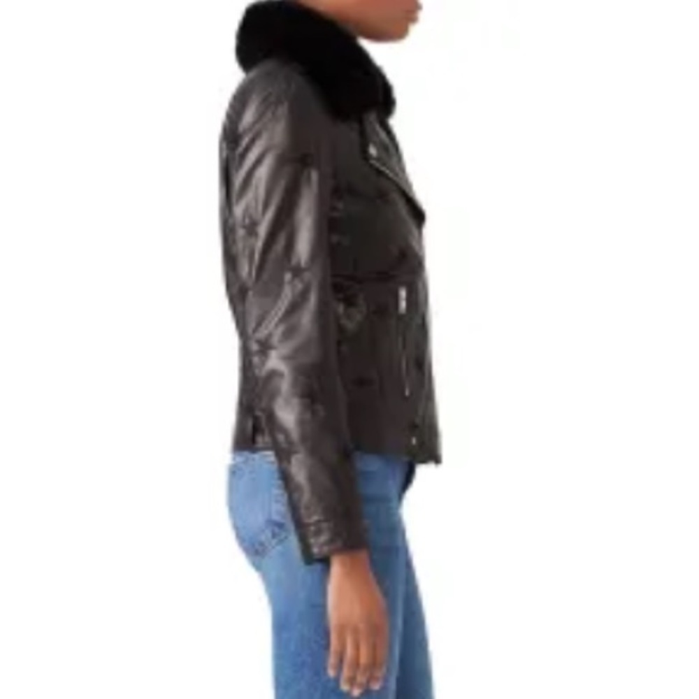 Samantha Sipos Seeing Stars Black Leather Faux Fur Moto Jacket Size XS #907 - Picture 3 of 11